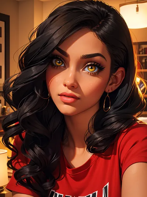 a young woman in her twenties in the room of her urban apartment in New York, she is sad, she wears a red t-shirt and black jeans, beautiful detailed yellow eyes, beautiful detailed lips, extremely detailed face, long eyelashes, natural hair, dynamic pose,...