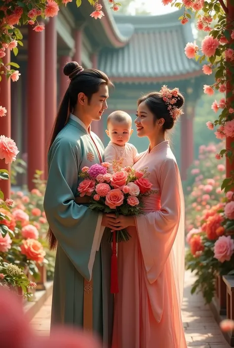 Handsome young Chinese man with bangs over his eyes in traditional clothes like a prince without stubble on his face,with a pregnant wife, smiling, surrounded by beautiful flowers around the imperial palace, long hair, depth of field, a man lifts his heir ...