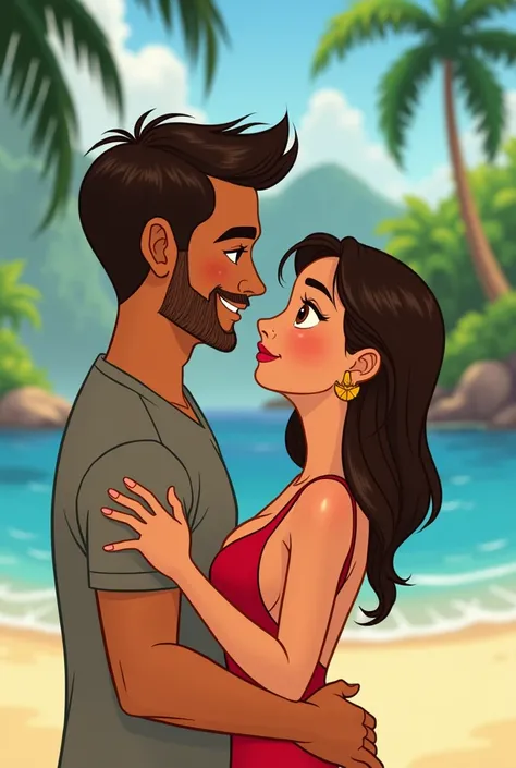 Generates a lilo and stitch style animation image of a couple in love: Characteristics: both the same size, The boy with short black hair, slightly slanted black eyes and a short beard, with tanned skin and the girl with white skin, brown eyes and straight...