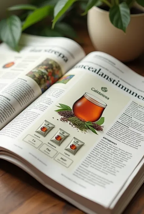 A newspaper with an advertisement for a product called CalmaFemina, which is an oregano tea with different herbs in different presentations, such as lemon verbena., menta, Hibiscus flower, that can be seen in an open newspaper without decoration as in a co...