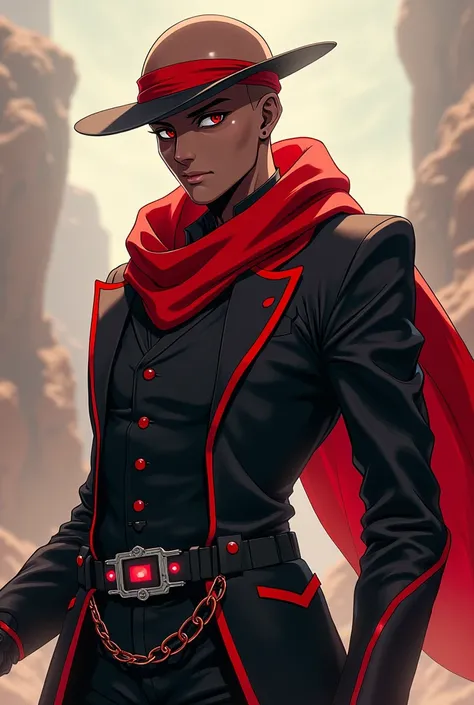 An anime character:
bald, red eyes, dark brown skin;
black cowboy outfit with red details, wearing a bandana and a red scarf;