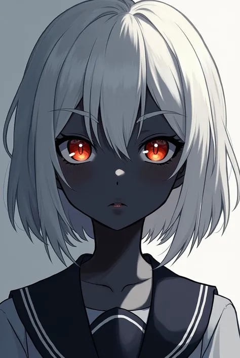  anime, school uniform, skin black, hair white, eyes half closed, orange eyes