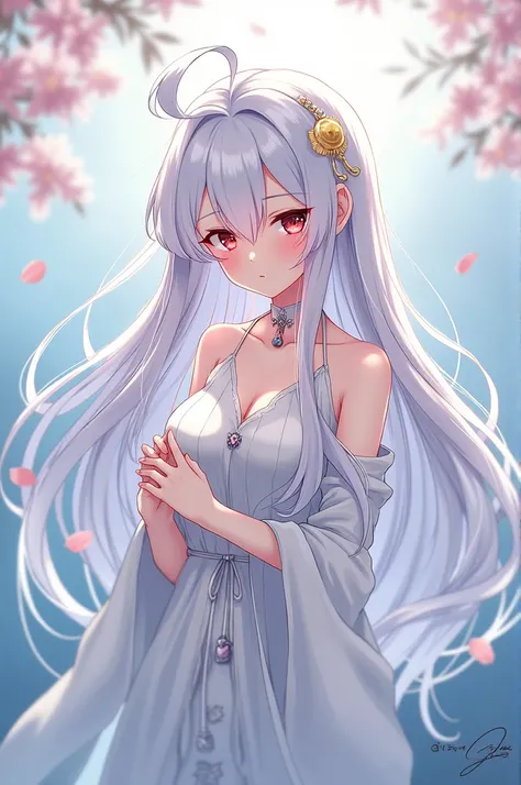 A beautiful women with long white hair .anime of mitsuri .zenitsu with white hair