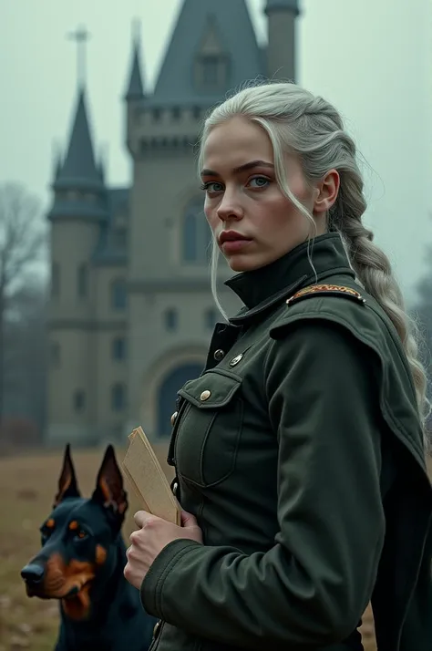 Create an image of a female soldier with a letter in her hand and a determined look, with his hair tending towards white, profile shot; behind her a vampire castle where her new family lives, accompanied by a doperman. Do something that immediately grabs t...