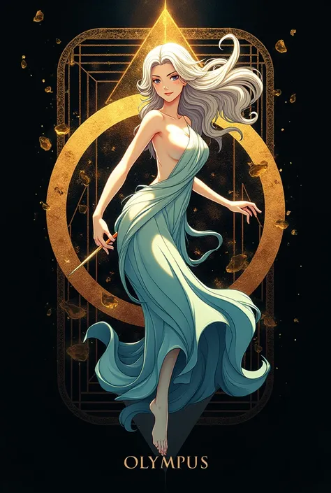 a gold and black anime style logo that says "olympus", original manga style that also has a mythological animated nymph