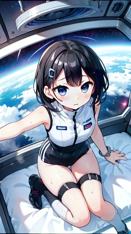 (Best Quality), (masterpiece), 1080P, High resolution, 4K, 8k, Inside the space station、Futuristic room、Thigh straps, Shooting from directly below, The woman on top of me, 白いsweat, Covered , sweat, Woman looking down, Skirt swimsuit, Thigh-high socks, To a...