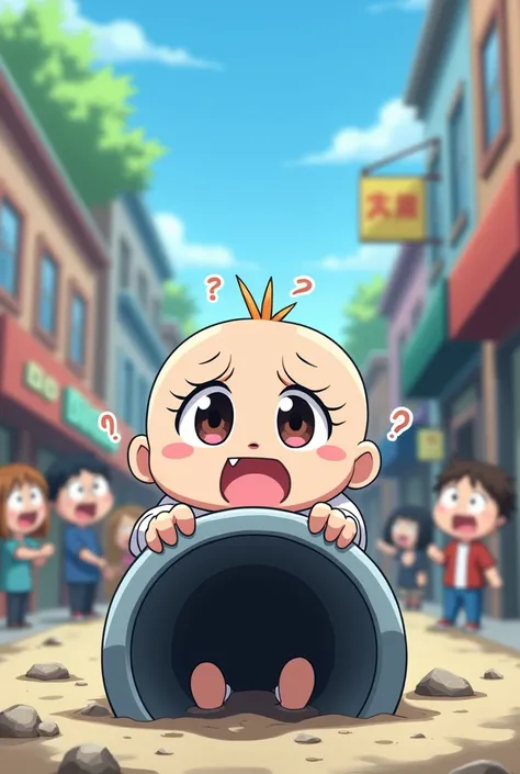 Chibi anime where part of the body from the legs to the stomach is stuck in a pipe and only the hands and head are visible. 