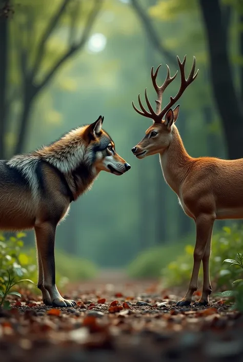 Wolf and deer are standing in front of each other realistic image HD 4K