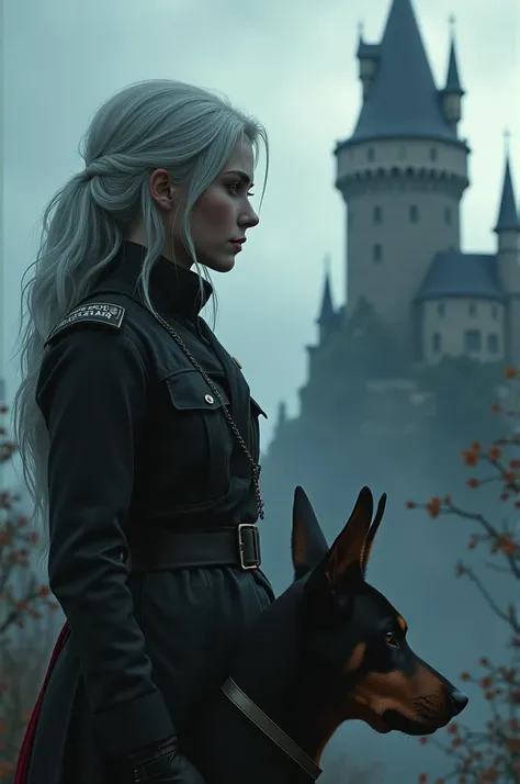 Create an image of a female soldier with a letter in her hand and a determined look, with her hair tending to white, standing in profile with her gaze lost in the castle, behind her a vampire castle where her new family lives, accompanied by a doperman. Do...