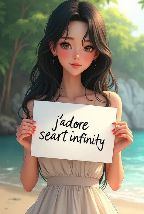 Une belle fille aux cheveux longs noir ondulés, portant une robe courte , tenant une pancarte blanche avec le texte "Jadore Seaart Infinity" et la montrant au spectateur.