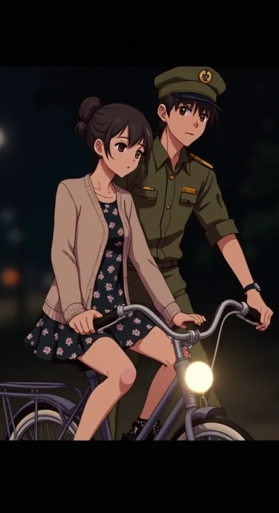 An anime-style image of a man in a military uniform riding a bicycle with a woman sitting in front of him. The woman is sitting sideways, wearing a light-colored cardigan over a black floral dress, looking calm, with dark hair tied in a side braid. The man...