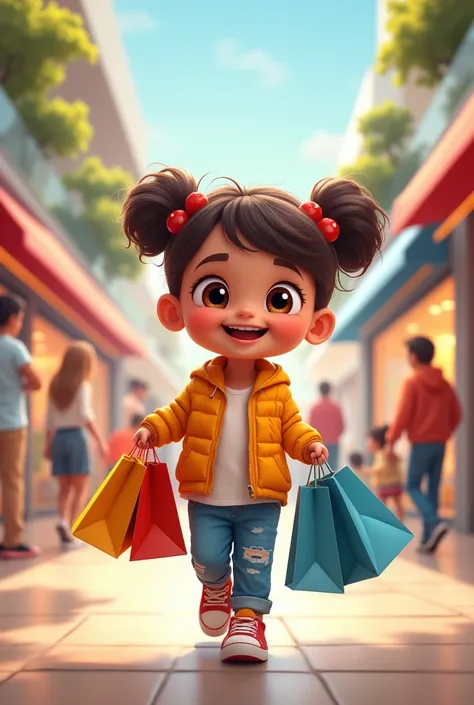 Cartoon child in the mall with shopping in hand happy