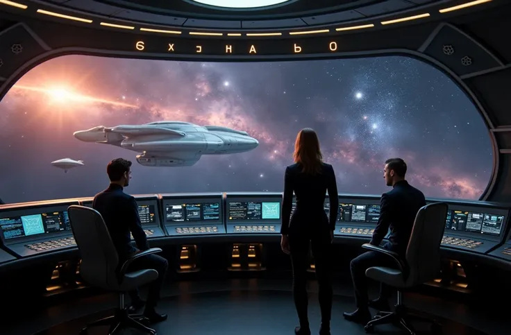 "realistic photography taken at The Star Trek-style bridge is illuminated by the soft light of holographic screens that float in the air, displaying constantly moving data and graphics. The captain, standing at the center, surveys the galaxy with a mix of ...