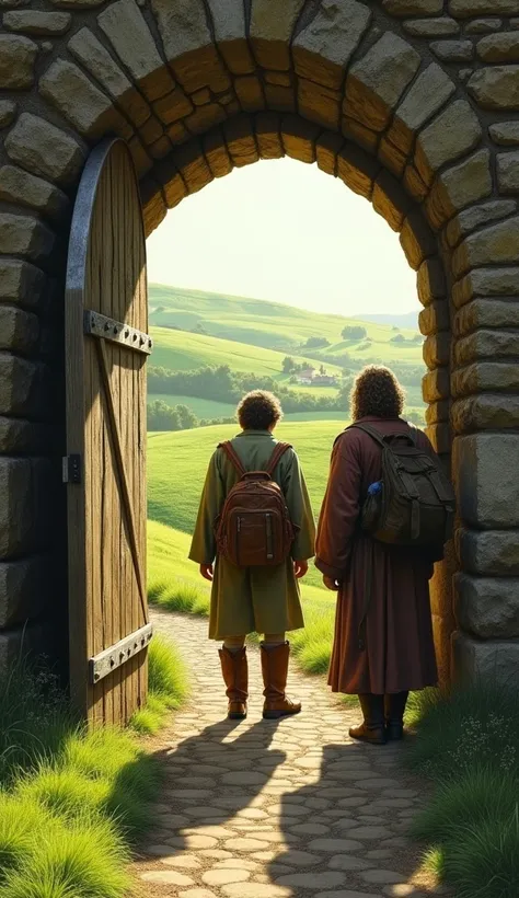 color pencil drawing, cinematic style, lord of the rings, A wide shot of Bag End in the soft morning light. Frodo, with a pack on his back, stands at the door, looking out with resolve. Sam waits beside him, the green fields stretching out behind them