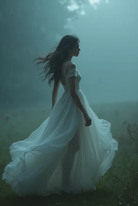 Jeune femme qui senfonce dans la brume. Qui danse sous la pluie. Pendant que tout le monde dort. Haute qualité. Les détails sont minutieux. Perfection. 