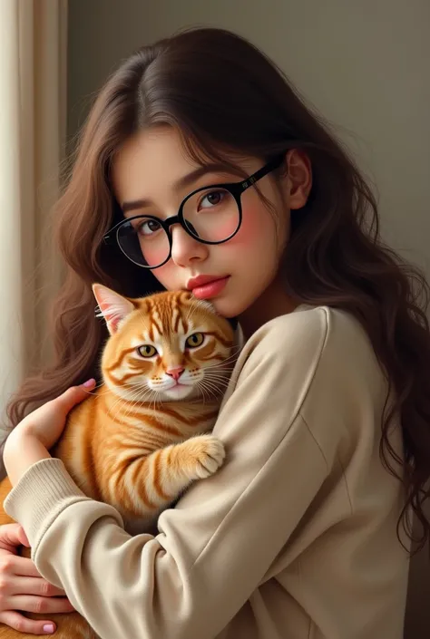 (photorealism:1.2), chubby beautiful woman, with brown hair and brown eyes, wearing rounded black eye glass and long curly hair, with her full light amber colored cat with hazel eyes in her arms near her face, soft lighting, camera pose, realistic, intrica...