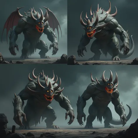 Create 4 large monster images, some with wings, others with tail, other scales other horns. Make sure everyone is scary.