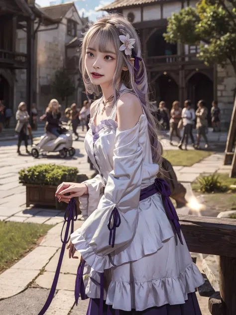 best quality、high resolution、ultra-detailed、8k, emilia、emilia masterpiece、best quality, in the castle courtyard, bans, clothes a...