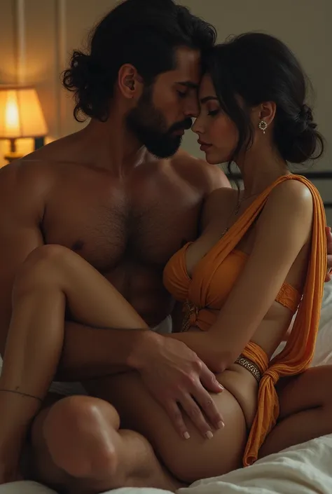 Hot Muslim woman, hugging, muscular hindu pandit, on bed