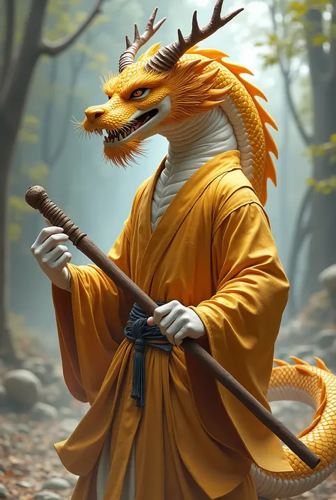 Monk male character. He wears a traditional monk clothing and has a chinese dragon head, also has scales along his skin, his skin is golden but with little mixes of white. He carries a fighting stick with him, and also has a strong physique, also has a cal...