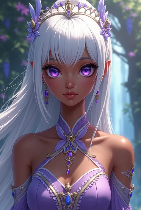 Black skin princess with white hair with bangs and violet eyes in European anime style with normal ears 