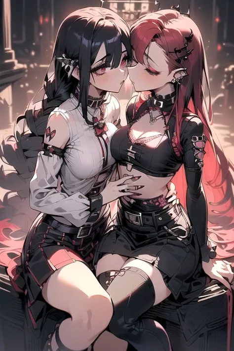 (Best Quality,Precise depiction,Accurate body depiction,Detailed Costume,Precise Background),Japanese anime style,((2 beautiful girls:1.5,Couple:1.5)),(Beautiful breasts,Small breasted girl,Normal breasted women:1.3),(Gothic Punk:1.8),(Black Hair:Red Hair:...