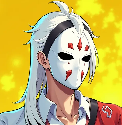 
Make a profile photo for the free fire "game" with a male character, wearing a white cosplay mask covering his entire face, the characters dark skin color, human race, white samurai style hair, wearing a red anime style outfit and black, 2D anime style ch...