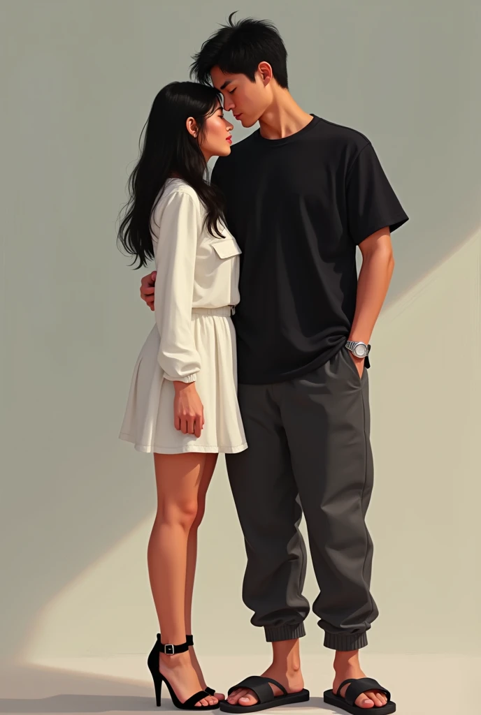 Brazilian woman with her Chinese boyfriend, the woman with straight hair and a shoulder-length haircut ,the woman wearing a short white dress, the man with straight black hair, man wearing black shirt and jogger pants, man wearing cross sandals, woman wear...