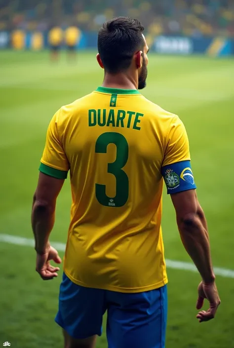 Brazilian national football team player, number 3 Duarte writing on the shirt with captain&#39;s armband 