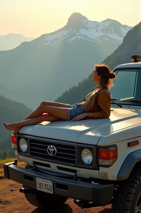 Woman lying on the hood of a landcruiser on top of a mountain