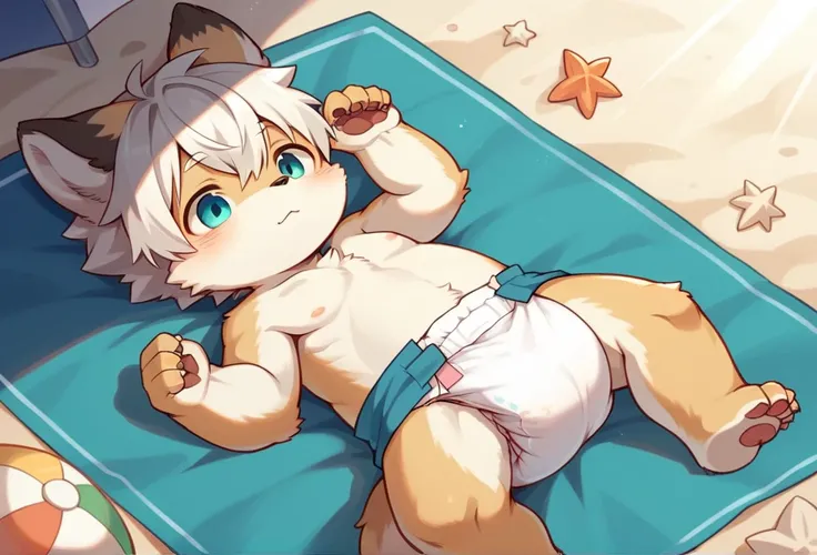 furry, kemono, toddler, A cute gray wolf boy，white hair，Wearing cute diaper, White Loincloth, Naked，Lying on the beach, warm sunlight, protrait photo，HD