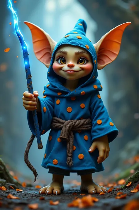 Pointy-eared goblin dressed in blue with a blue stick and orange polka dots