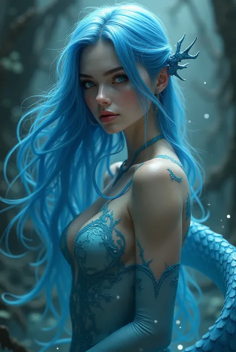 Beautiful sexy charming enigmatic water dragon woman with a dream body and long straight blue hair 