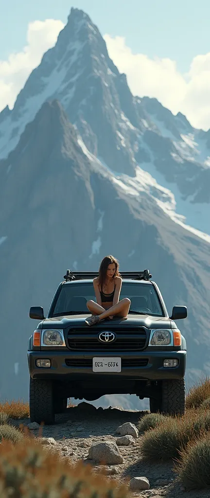 Woman lying on the hood of a landcruiser on top of a thicker mountain but not so much enjoying the view