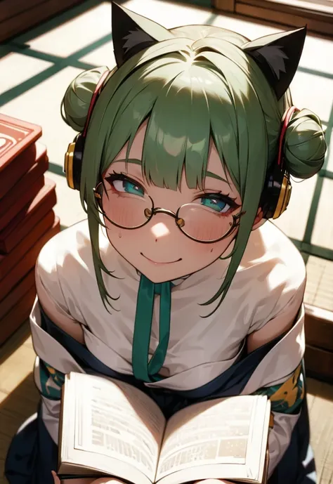 one girl,she has green twin-tails tied up in a bun.,wearing cat ear headphones,wearing round glasses and looking up,looking at m...