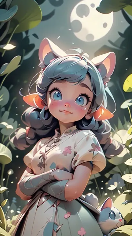 ultra realistic with many details. woman with blue cat eyes. elf ears. cat teeth. by blacks, under the moonlight, in a dense and very dark forest