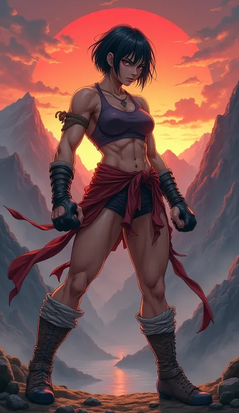 A wild and beautiful female fighter inspired by classic fantasy RPGs。The hairstyle is short hair with a cut。Big body。Has a powerful physique。Incredibly muscular body。Very big muscles。Very thick arms。Very thick thighs。Very thick legs。Sweaty, glistening skin...