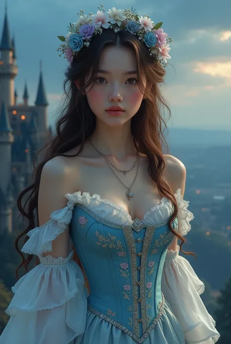 A young woman with long wavy brown hair and brown eyes and some freckles on her face with simple makeup and a necklace and has a tight corset dress with a low neckline, Light blue with embroidered floral details, and she has white gloves and a crown of flo...