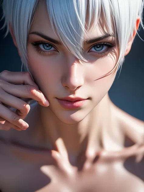 Woman in her 30s, alone, alone, athletic, short white hair, sexy look, perfect hands, full body, looking at viewer, cinematic, ultra sharp focus, award winning photography, perfect contrast, high sharpness, depth of field, photography ultra detailed, globa...