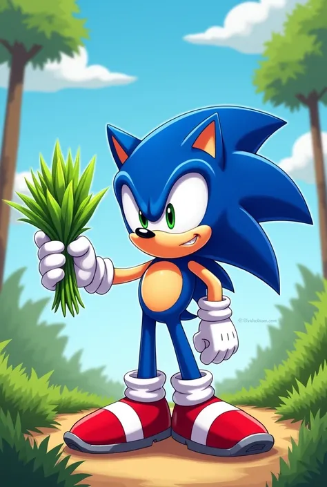 sonic the hedgehog extending his left hand holding a plant in a 3 pose/4 cartoon looking left