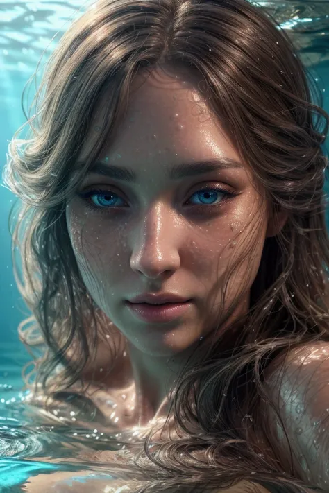 a girl swimming underwater, no clothes, beautiful detailed eyes, beautiful detailed lips, extremely detailed face and skin, long eyelashes, wet skin, graceful pose, flowing hair, underwater environment, sunlight filtering through water, bubbles, serene, tr...