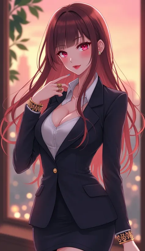 Hogh resolution, high quality,high resolution, cute and beautiful 20 years old woman, wearing suit and skirt, red lipstick, black shoes, bangles on her right hand, daytime, ring on her finger, Long Hair, buggest breasts Pink Eyes, anime style 