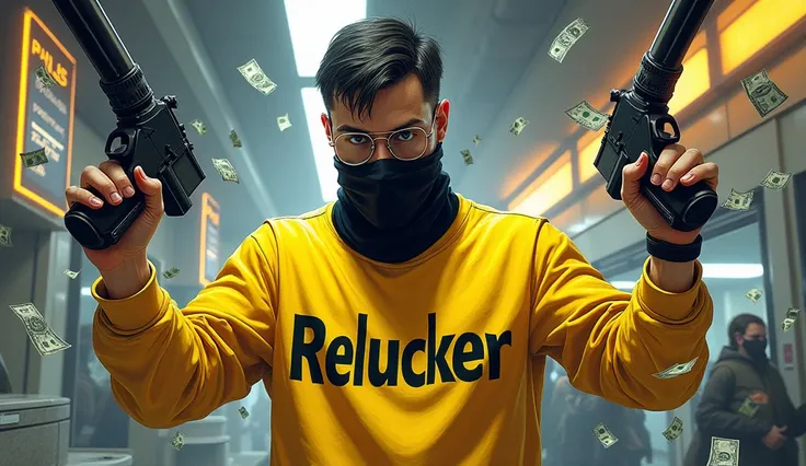 gta 5 style, handsome guy, Russian guy with ((black hair)), ((black hair short on top)), hair short on top, ((mask scarf on face black)), glasses, in glasses, ((in yellow sweatshirt)), on sweatshirt black inscription ((RELUCKER)), with weapon, shots, with ...