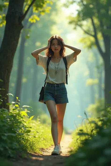 A decently dressed girl is walking in nature like a real one, holding her head with both hands