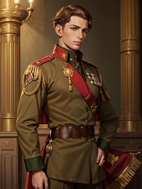 Leyendecker style illustration; Portrait digital painting, (Young man with light brown curly hair in military uniform:1.3), Symmetrical composition, (Calm confident expression:1.2), (Brown eyes looking slightly left:1.2), Olive green jacket with red and go...