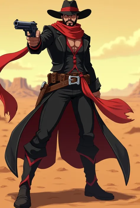 an anime character:
bald, red eyes, dark brown skin and medium beard;
black cowboy outfit with red details, booties,hat, wearing a mask and a red scarf;
in the background a desert;
holding a pistol in attack position