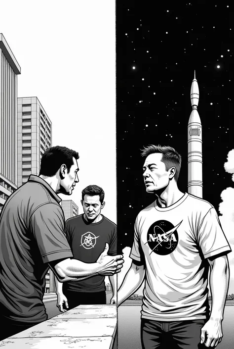 Create an image in black and white drawing format, in the style of a comic book. on the left side, depict two people arguing: one is wearing a red shirt with a communist symbol, while the other is not communist. The image must be divided in half, and on th...