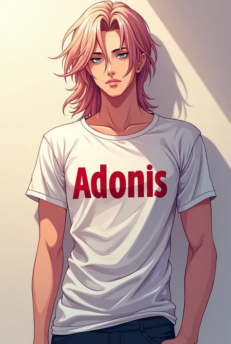 CREATE A transsexual man with feminine features in ANIME version. WITH THE T-SHIRT THAT SAYS ADONIS 
