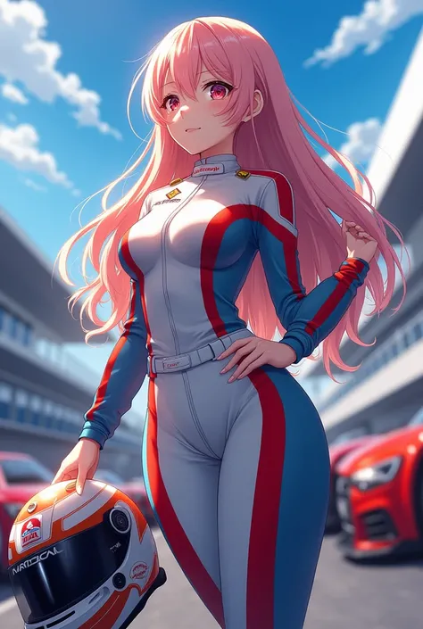 Long-haired pretty racing girl seen from below, Anime style, Holding a helmet in one hand and looking elsewhere