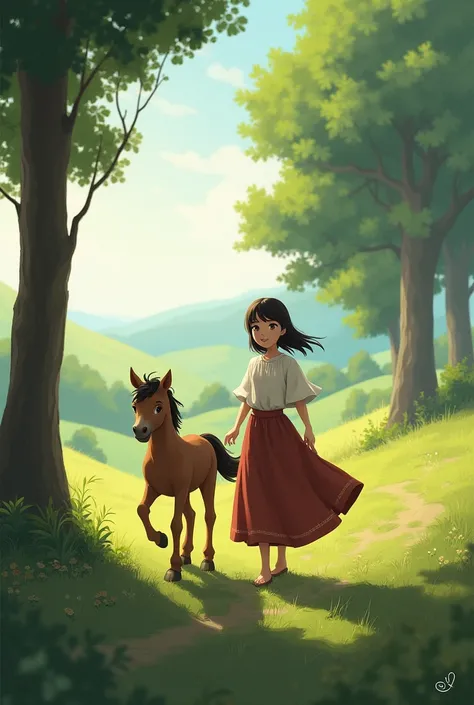 A girl decently dressed in a long skirt walks in nature like a real one with a little pony